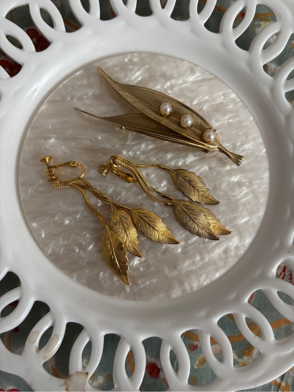 Gold Leaf Drop Earrings and Pearl Leaf Brooch Set